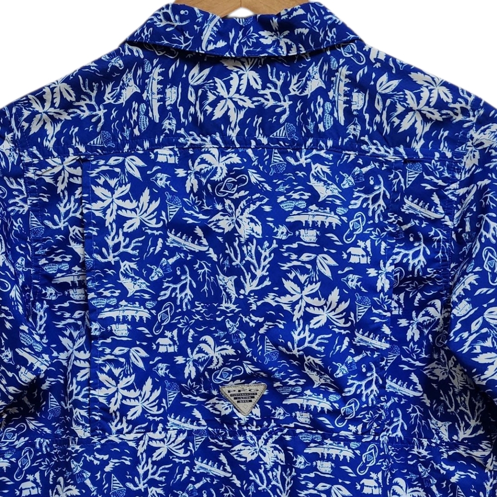 Columbia PFG Shirt Boys Youth XL Blue White Floral Hawaiian Short Sleeve Button - Picture 6 of 15